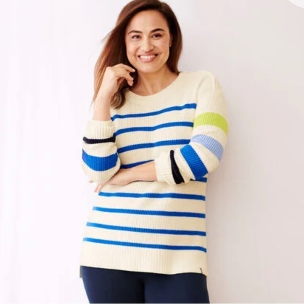 Talbots multi stripe crewneck high low sweater white green blue size XL